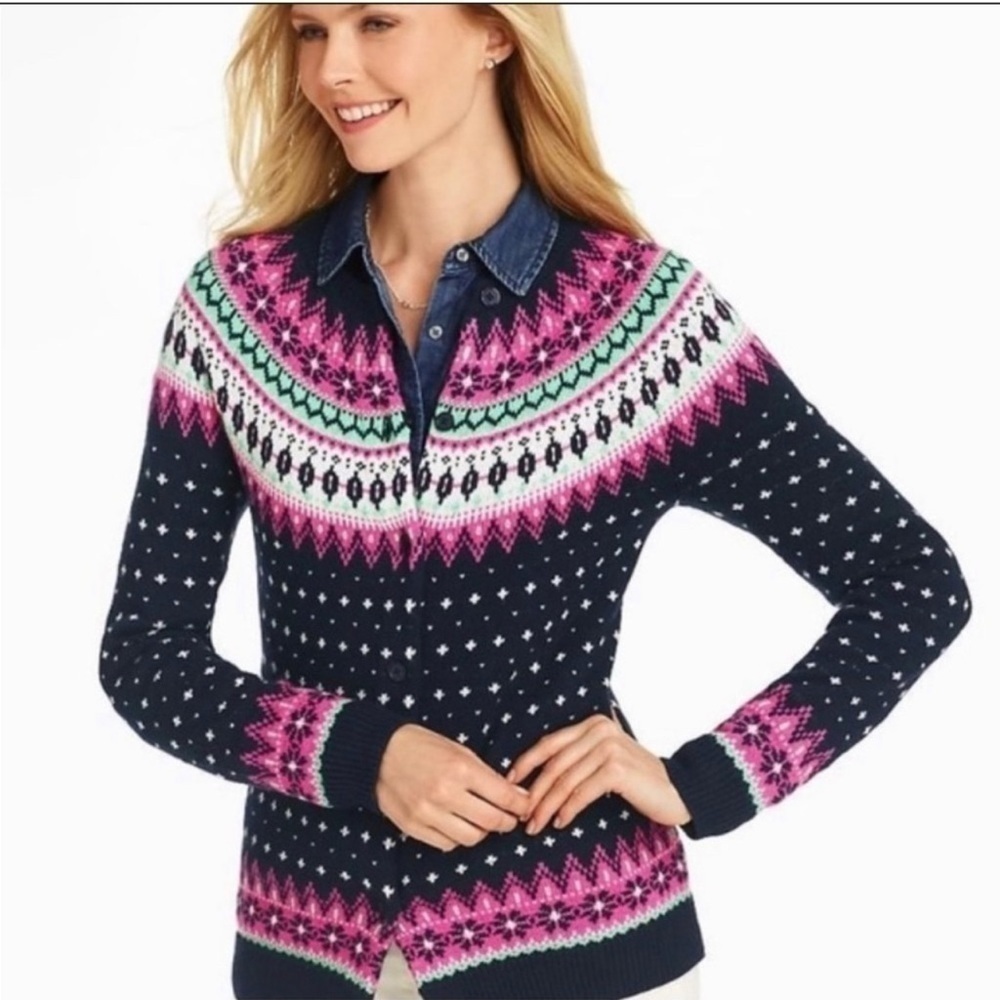 TALBOTS Fair Isle Navy Pink Wool Cardigan Knit Sweater Sz S